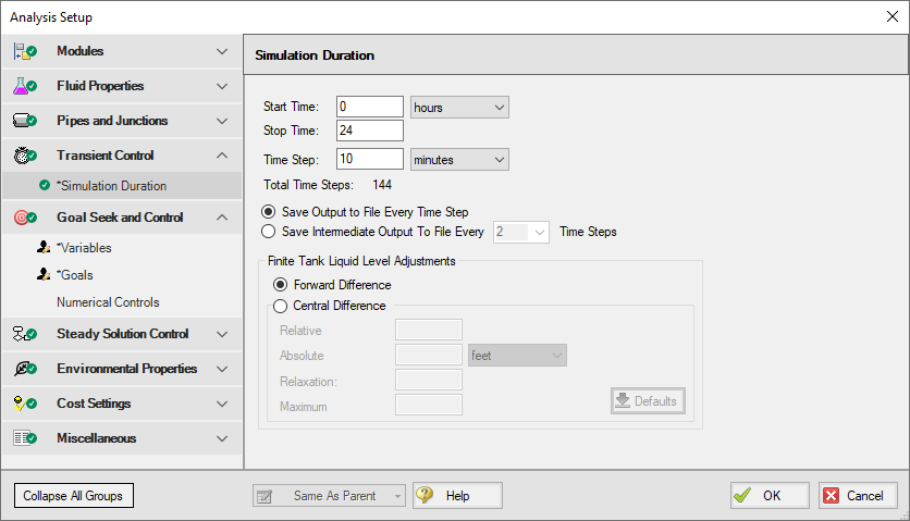 The Transient Control window with settings for a 24 hours period.